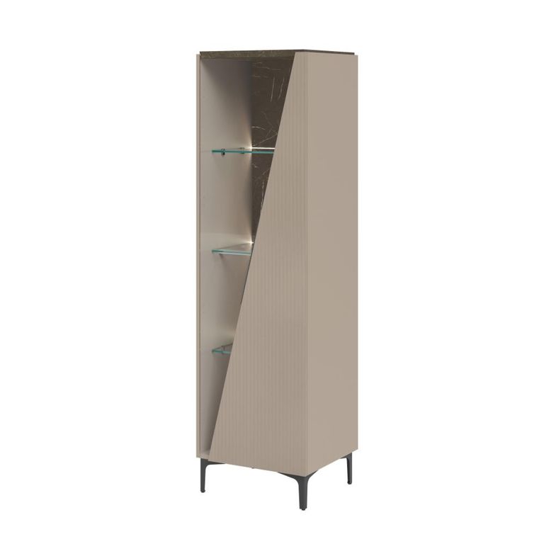 Fidia Italian Fluted Vitrine - 1 Right Door - Emperador Taupe - Glass and Marquinia Marble Effect