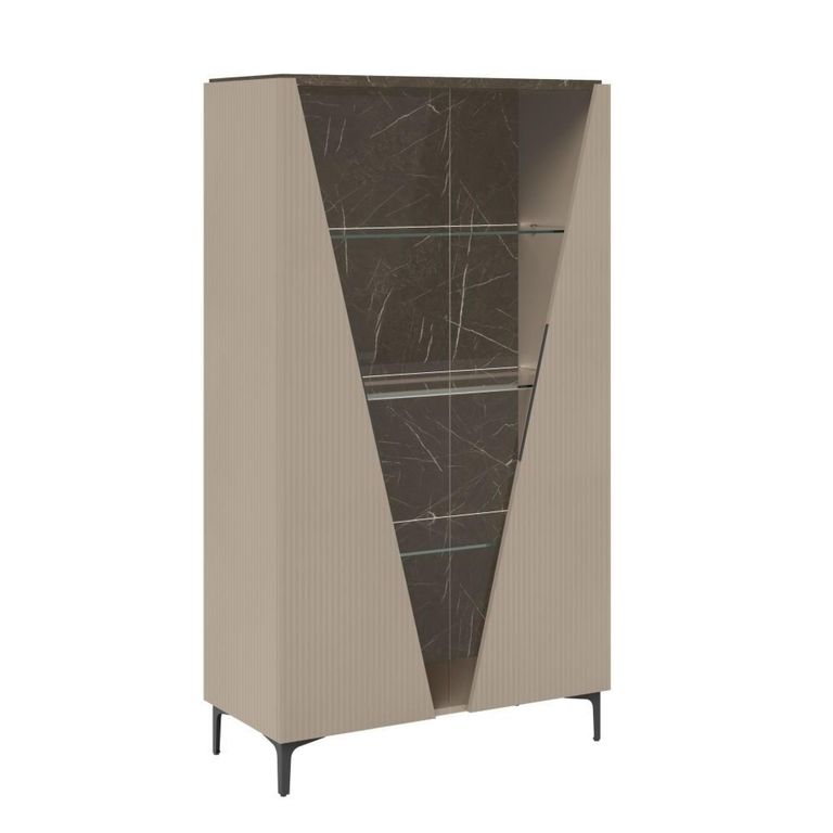 Fidia Italian Fluted Vitrine - 2 Door - Emperador Taupe - Glass and Marquinia Marble Effect