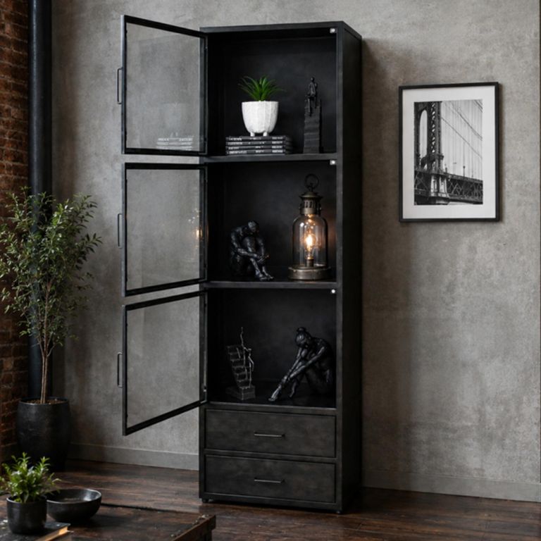 Black Metal 3 Door Narrow Display Cabinet