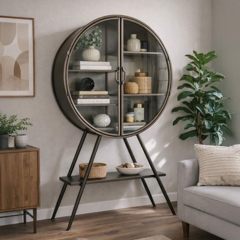 Grey Metal 2 Glass Doors 2 Door Industrial Round Display Cabinet