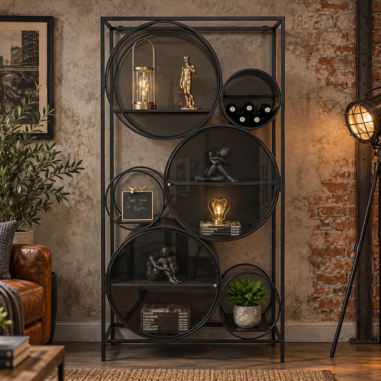 Black Metal and Glass Round Shelves Display Cabinet