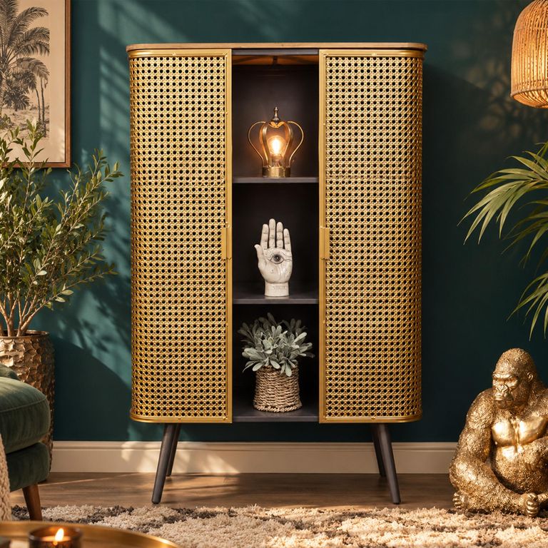 Gold Metal and Rattan 2 Door Industrial Display Cabinet