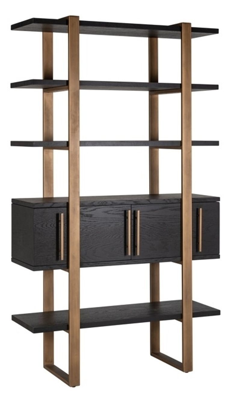 Cambon Dark Oak and Brass Storage Shelving Unit
