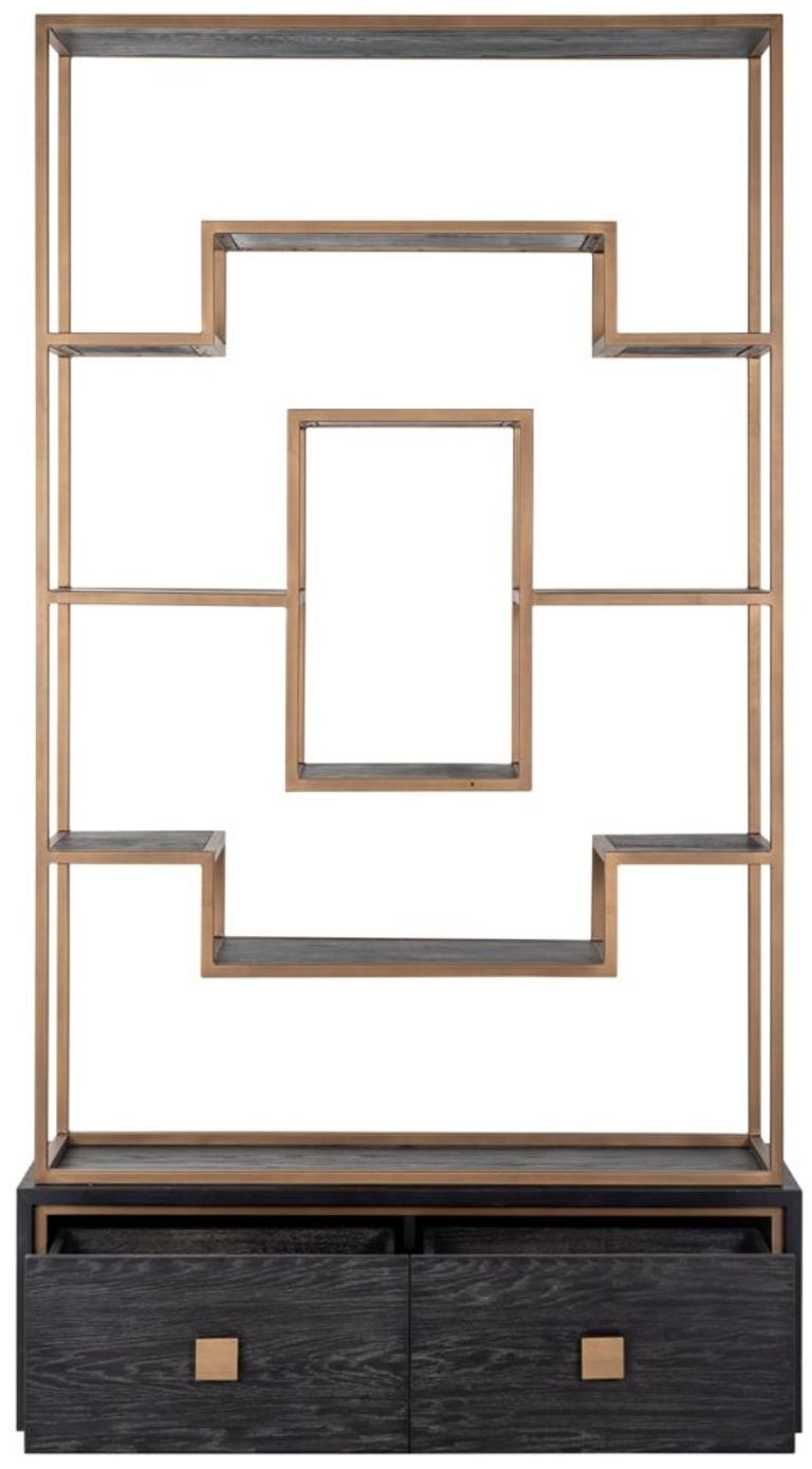 Hunter Black Oak Storage Shelving Unit with Gold Trim