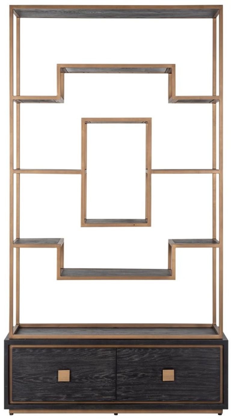 Hunter Black Oak Storage Shelving Unit with Gold Trim