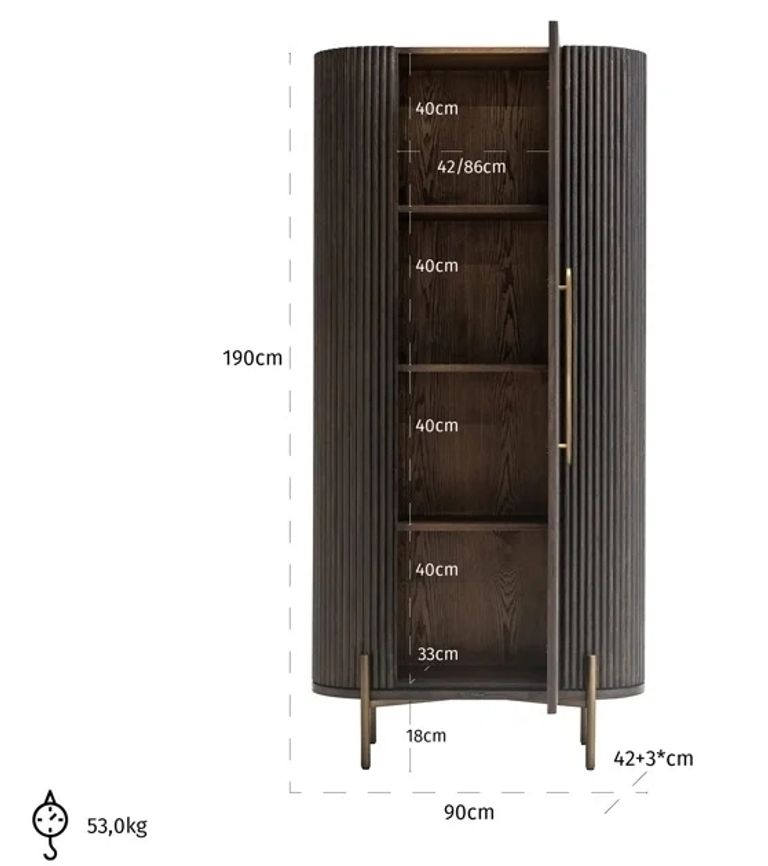 Luxor Brushed Brass Ribbed 1 Door Large Curved Cabinet