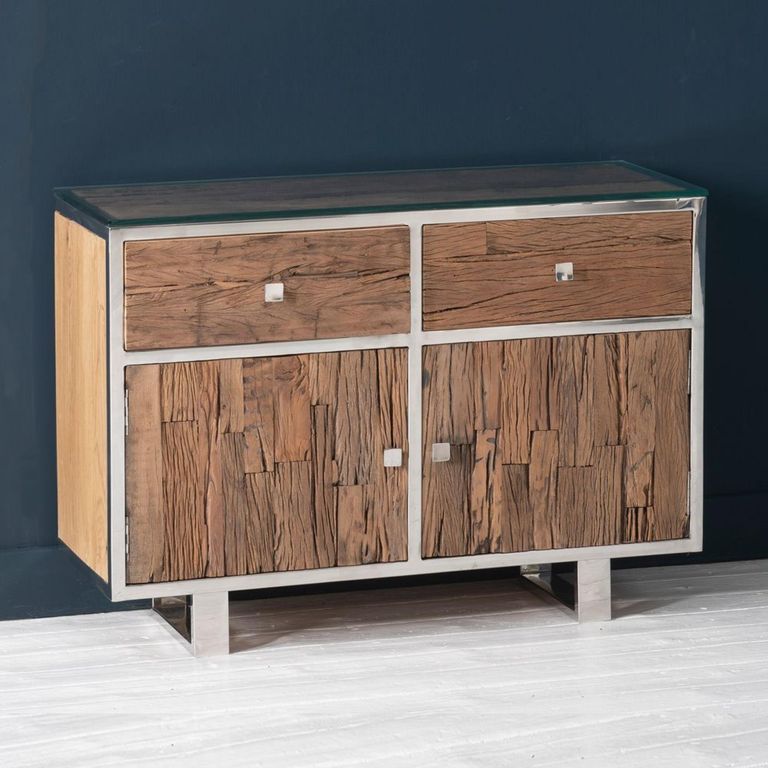 Clearance - Railway Sleeper Small Sideboard - 105cm - 2 Door - Glass Top - Reclaimed Wood