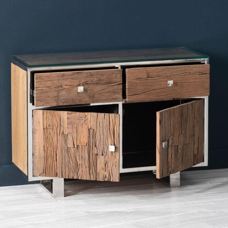 Clearance - Railway Sleeper Small Sideboard - 105cm - 2 Door - Glass Top - Reclaimed Wood