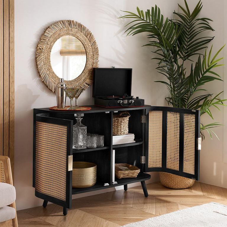 Noah Small Sideboard - 100cm - 2 Door - Black and Rattan