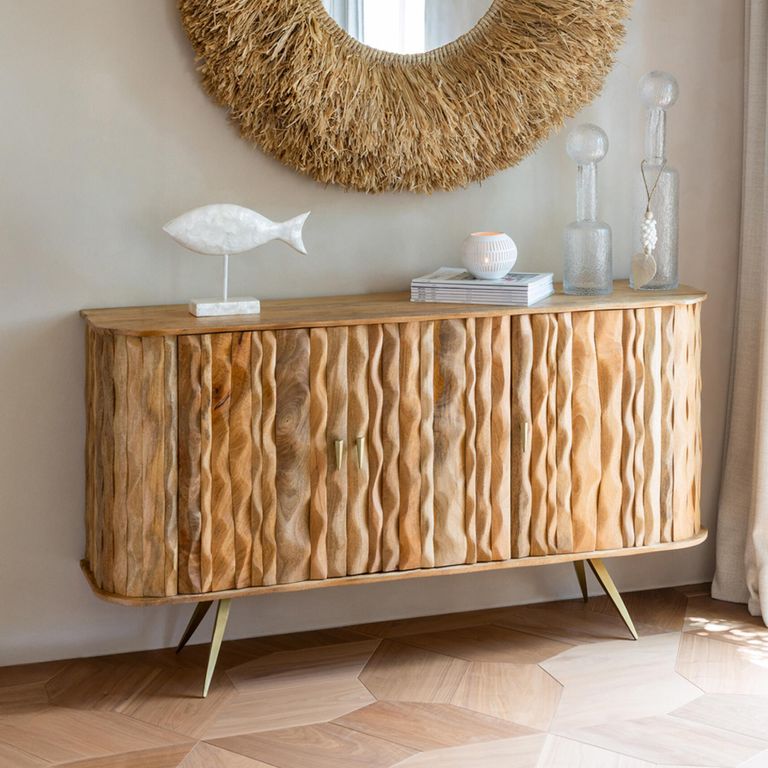 Curved Buffet Sideboard - 3 Door - Medium - Waved Desgin - Natural Wood