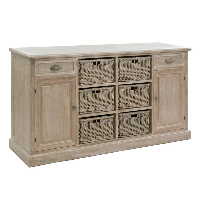 Buffet Sideboard - 2 Door - 2 Drawer - Large - 6 Rattan Basket - Grey Wood