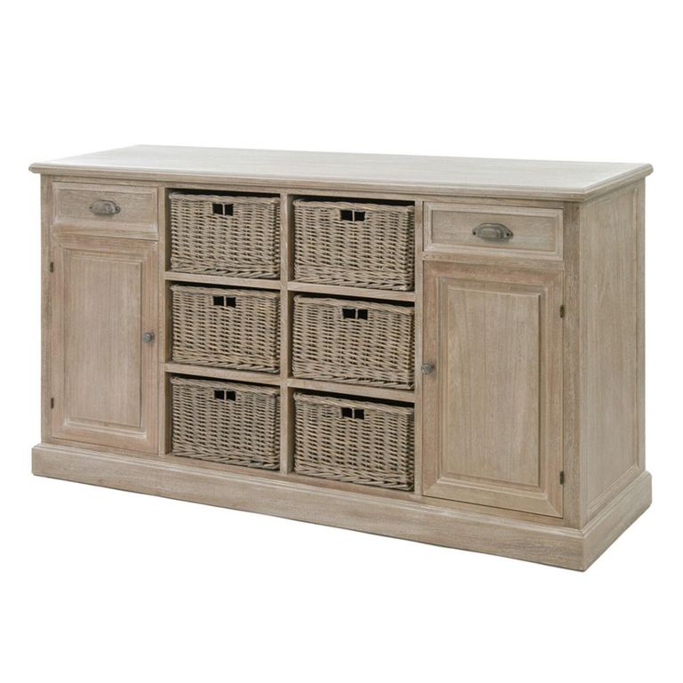 Buffet Sideboard - 2 Door - 2 Drawer - Large - 6 Rattan Basket - Grey Wood