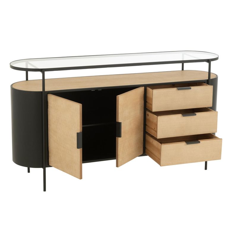 Ivy Curved Sideboard - 2 Door - 3 Drawer - Medium - Glass Top - Natural and Black Metal