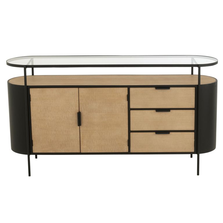 Ivy Curved Sideboard - 2 Door - 3 Drawer - Medium - Glass Top - Natural and Black Metal