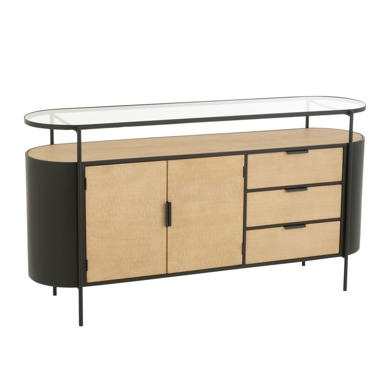 Ivy Curved Sideboard - 2 Door - 3 Drawer - Medium - Glass Top - Natural and Black Metal