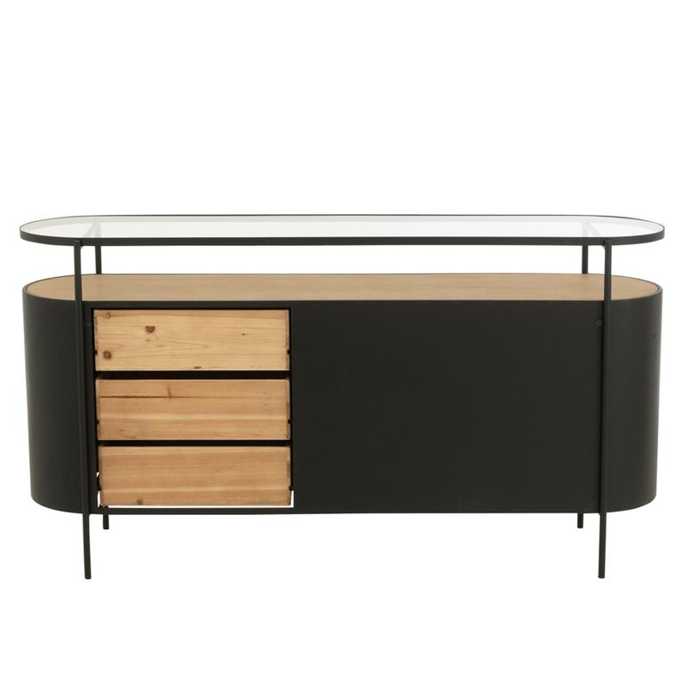 Ivy Curved Sideboard - 2 Door - 3 Drawer - Medium - Glass Top - Natural and Black Metal
