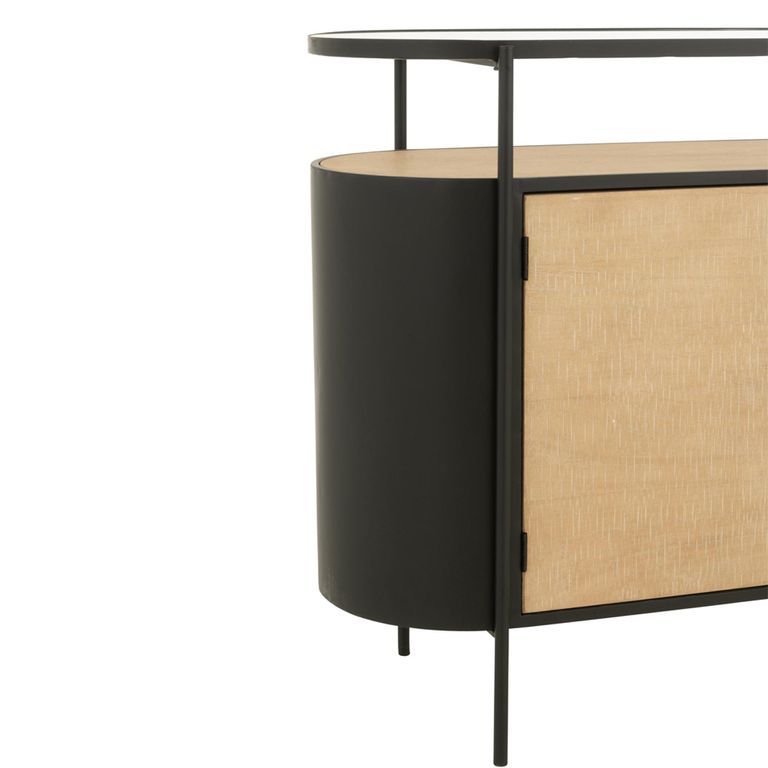 Ivy Curved Sideboard - 2 Door - 3 Drawer - Medium - Glass Top - Natural and Black Metal