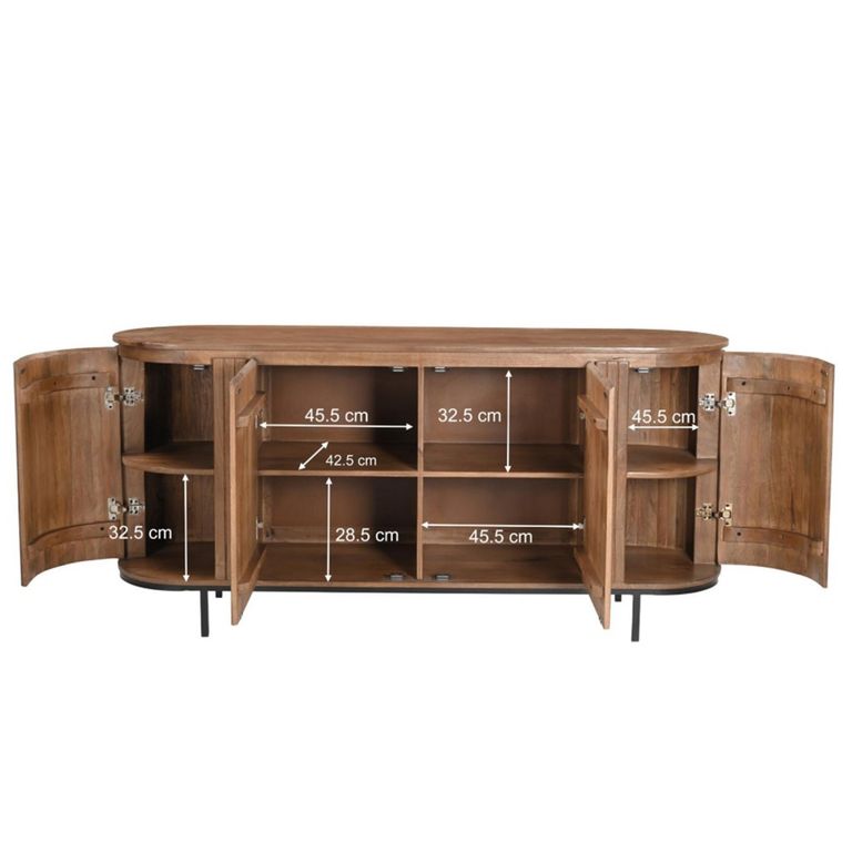 Noor Curved Fluted Sideboard - 4 Door - Large - Brown - Mango Wood