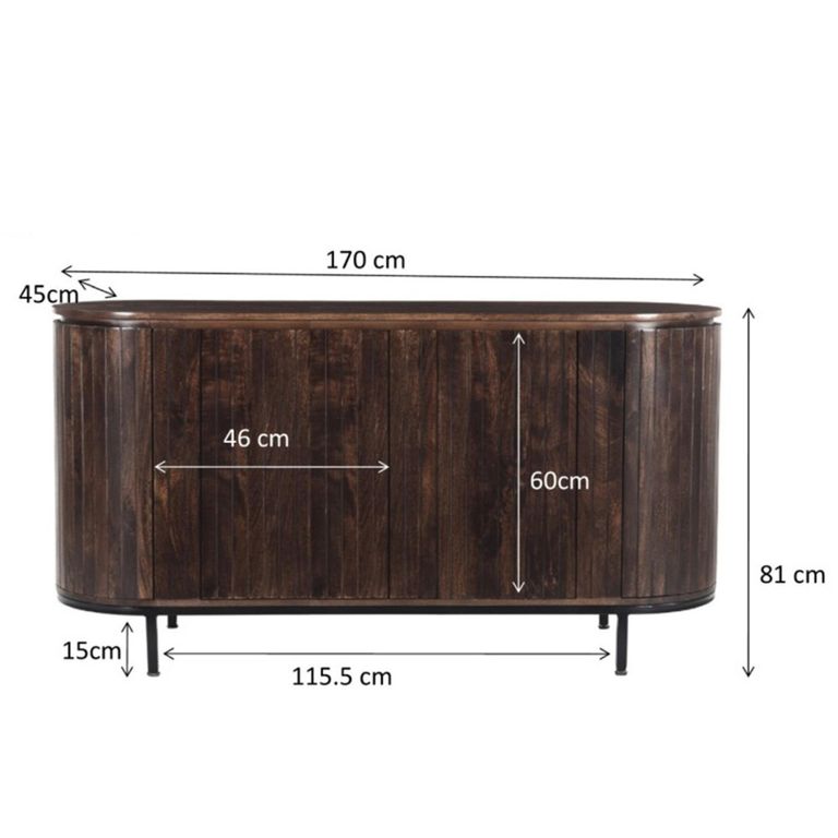 Noor Curved Fluted Sideboard - 4 Door - Large - Walnut - Mango Wood