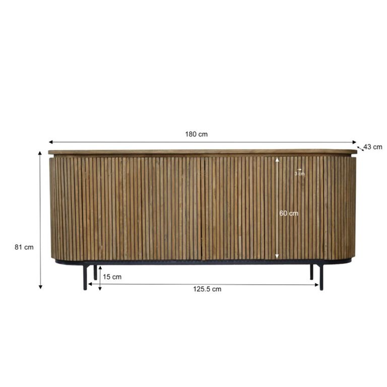 Lausanne Curved Fluted Sideboard - 4 Door - Large - Natural - Teak Wood