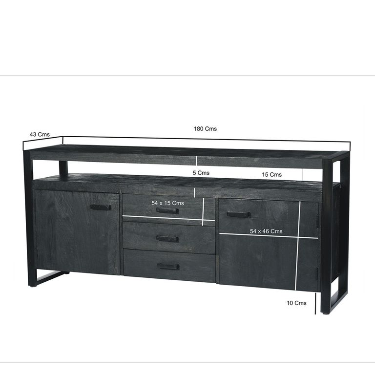 Norris Sideboard - 2 Door - 3 Drawer - Large - Charcoal - Rustic Mango Wood