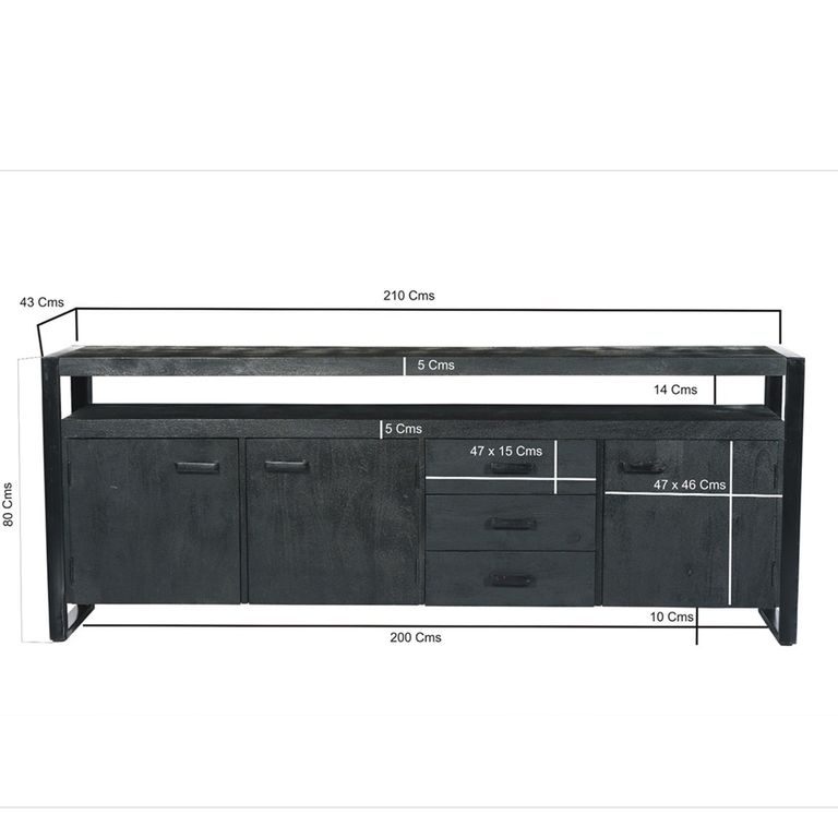Norris Sideboard - 3 Door - 3 Drawer - Extra Large - Charcoal - Rustic Mango Wood