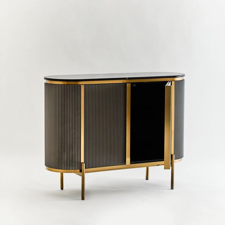 Dervio Sideboard - 2 Door - Small - Grey Fluted - Curved with Black Marble Top - 120cm
