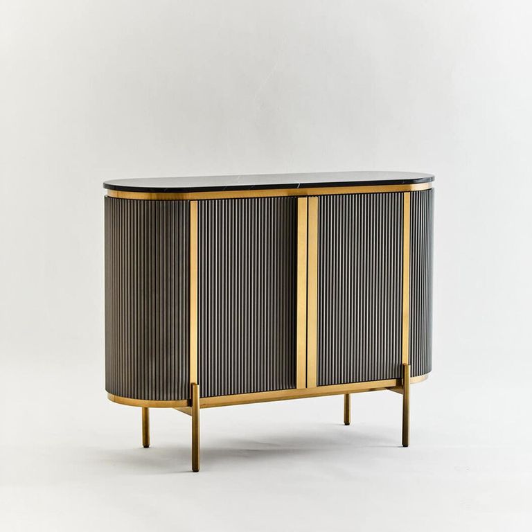 Dervio Sideboard - 2 Door - Small - Grey Fluted - Curved with Black Marble Top - 120cm