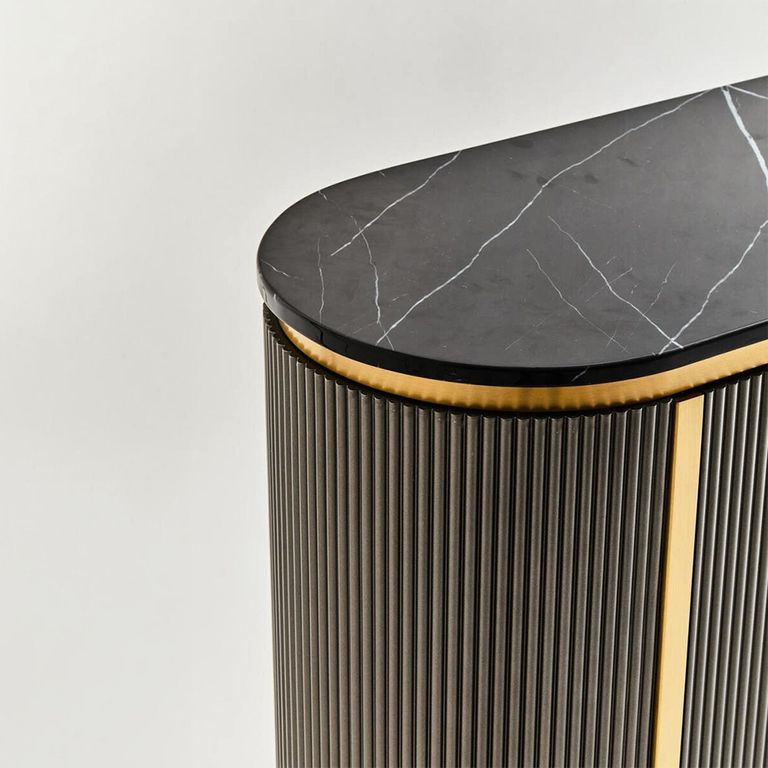 Dervio Sideboard - 2 Door - Small - Grey Fluted - Curved with Black Marble Top - 120cm