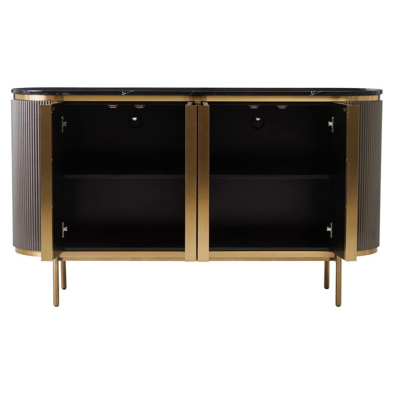 Dervio Sideboard - 4 Door - Large - Grey Fluted - Curved with Black Marble Top - 160cm