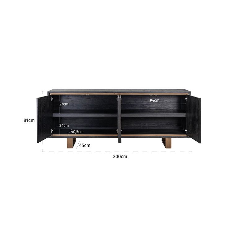 Hunter Black Oak 200cm Extra Large Sideboard with Gold Trim