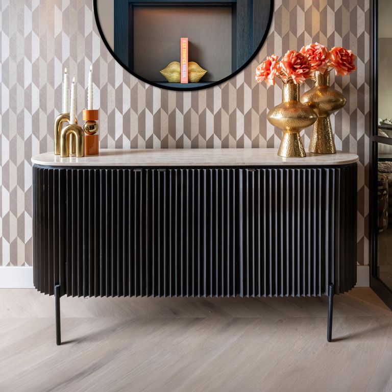 Hampton 3 Door Black Fluted Large Sideboard with Travertine Beige Top
