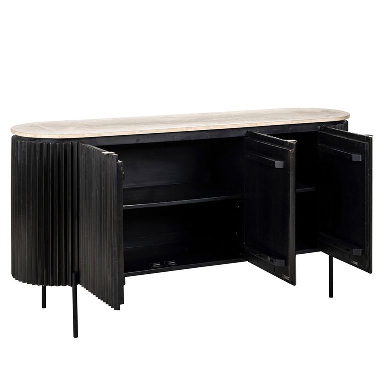 Hampton 3 Door Black Fluted Large Sideboard with Travertine Beige Top