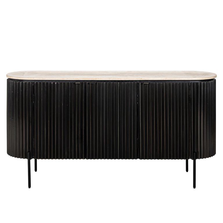 Hampton 3 Door Black Fluted Large Sideboard with Travertine Beige Top