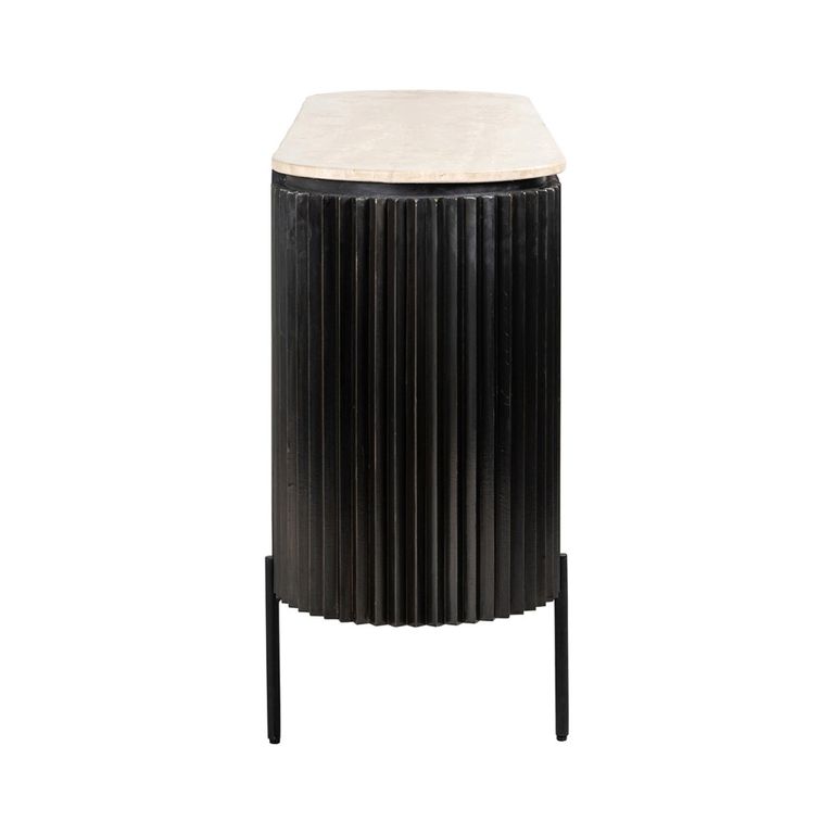 Hampton 3 Door Black Fluted Large Sideboard with Travertine Beige Top