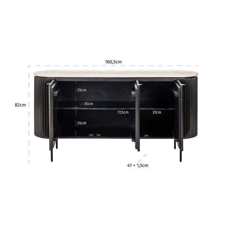 Hampton 3 Door Black Fluted Large Sideboard with Travertine Beige Top