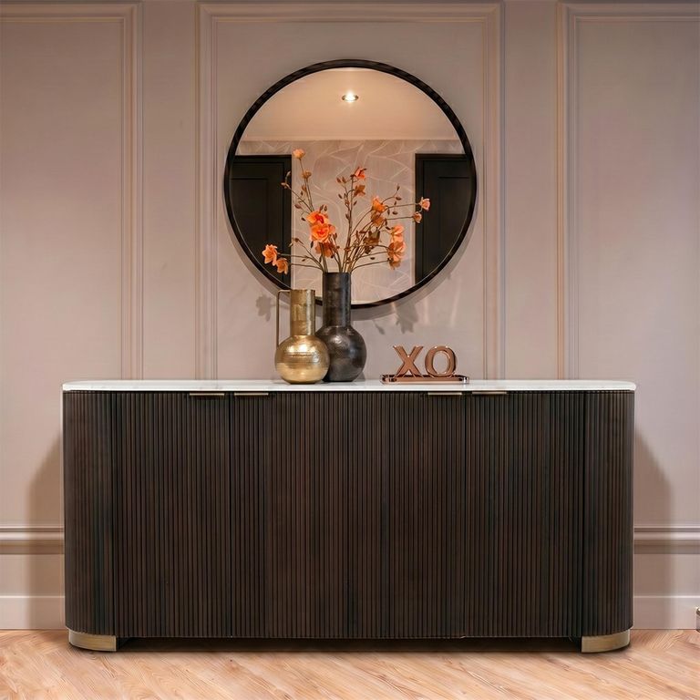 Mayfield White Marble Top Extra Large Sideboard - Dark Wood Fluted Base