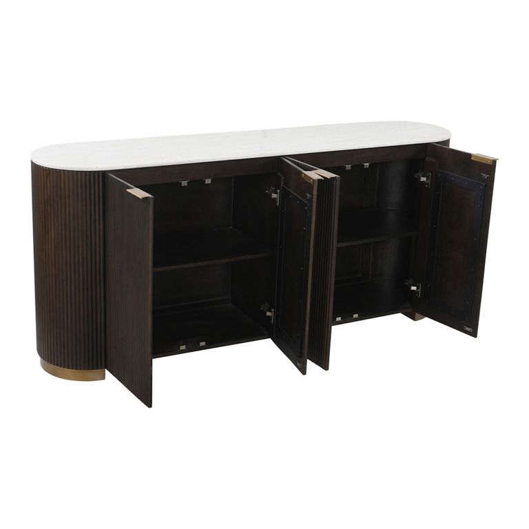 Mayfield White Marble Top Extra Large Sideboard - Dark Wood Fluted Base