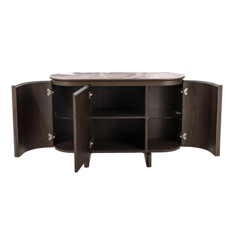 Langford Curved Fluted Sideboard - 3 Door - Medium - Brown - Ceramic and Oak