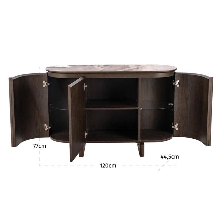 Langford Curved Fluted Sideboard - 3 Door - Medium - Brown - Ceramic and Oak