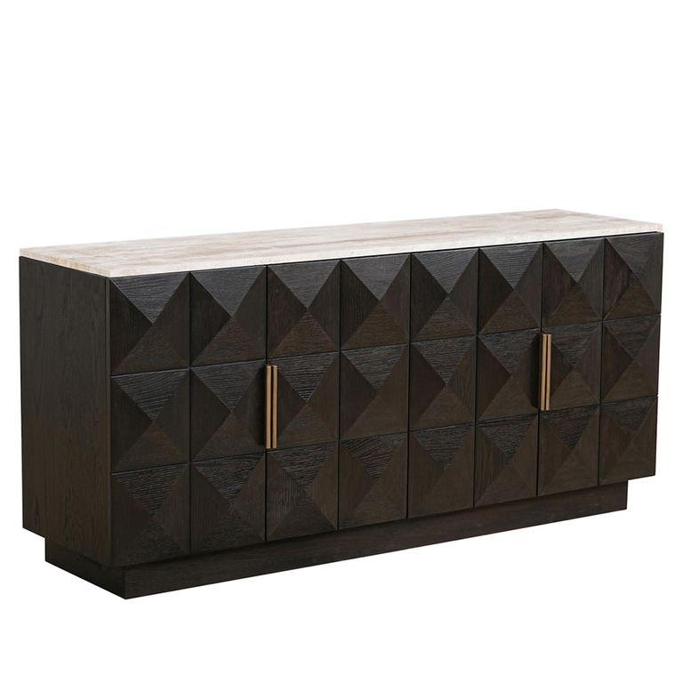 Claremont Dark Wood 4 Door Extra Large Geometric Sideboard with Travertine Top