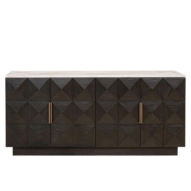 Claremont Dark Wood 4 Door Extra Large Geometric Sideboard with Travertine Top