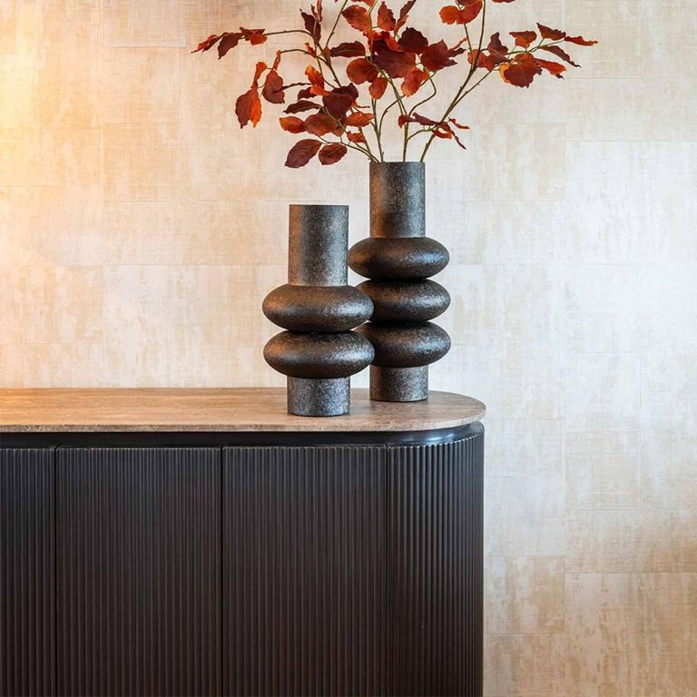 Russo Fluted Sideboard - 4 Door - Ash Brown - Travertine Top