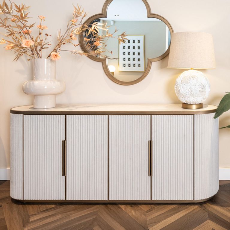 Tivoli Curved Fluted Sideboard - 4 Door - Large - with Gold Trim - White - Ceramic