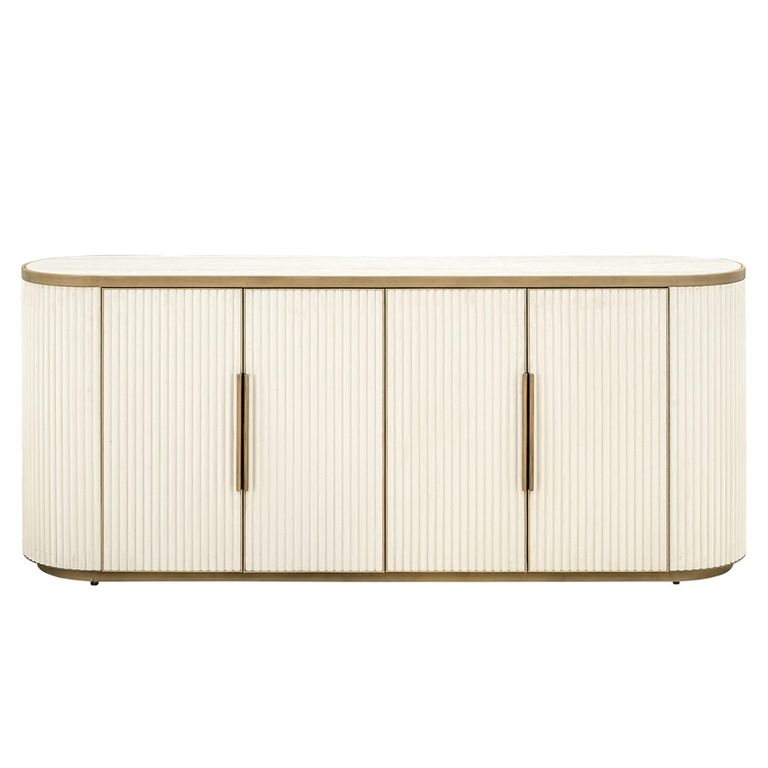 Tivoli Curved Fluted Sideboard - 4 Door - Large - with Gold Trim - White - Ceramic