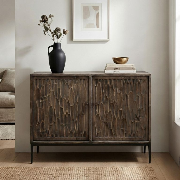 Tacca Carved Sideboard - 2 Door - Medium - Brown - Distressed Wood and Metal