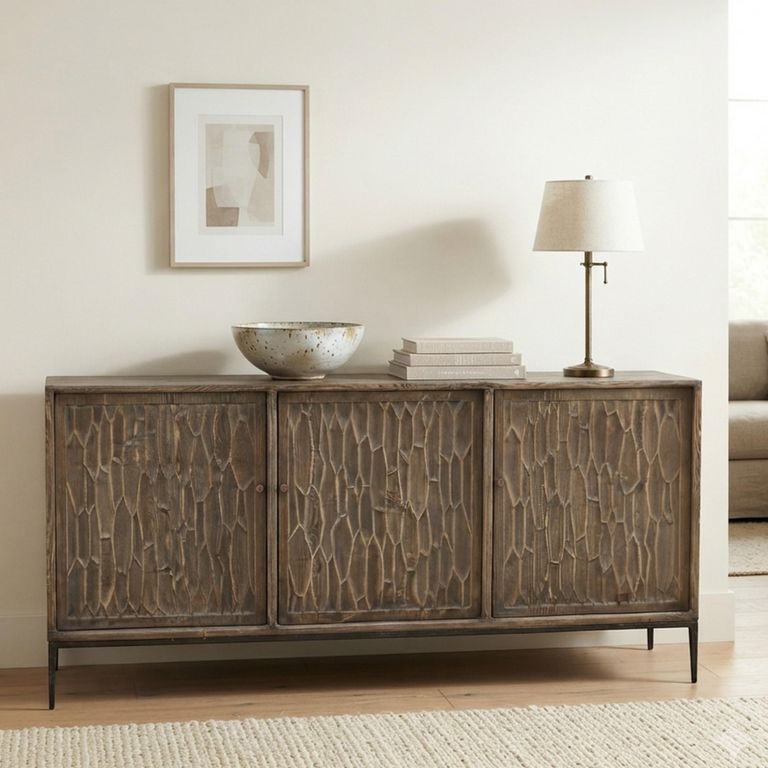 Tacca Carved Sideboard - 3 Door - Large - Brown - Distressed Wood and Metal