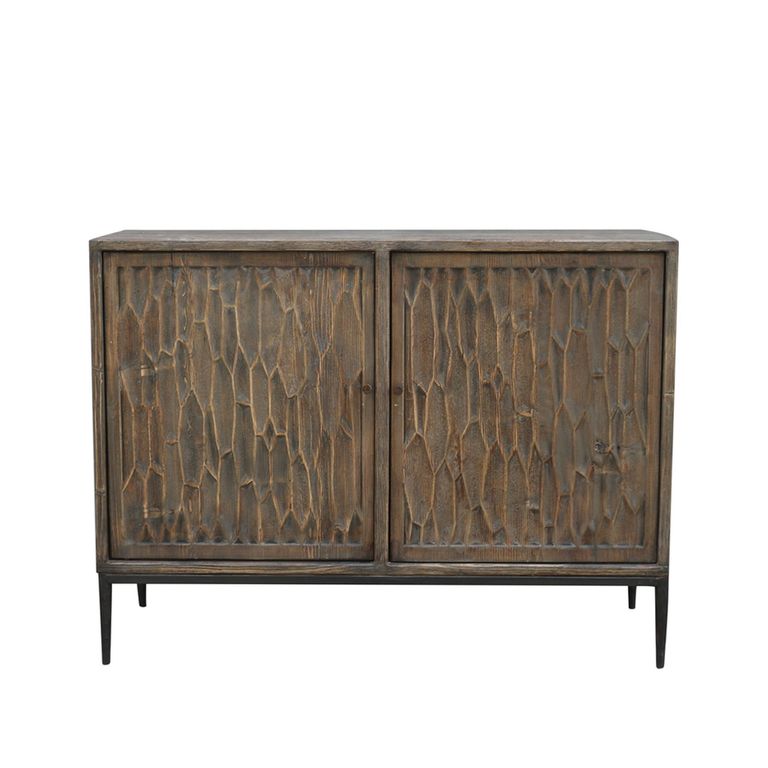 Tacca Carved Sideboard - 2 Door - Medium - Brown - Distressed Wood and Metal