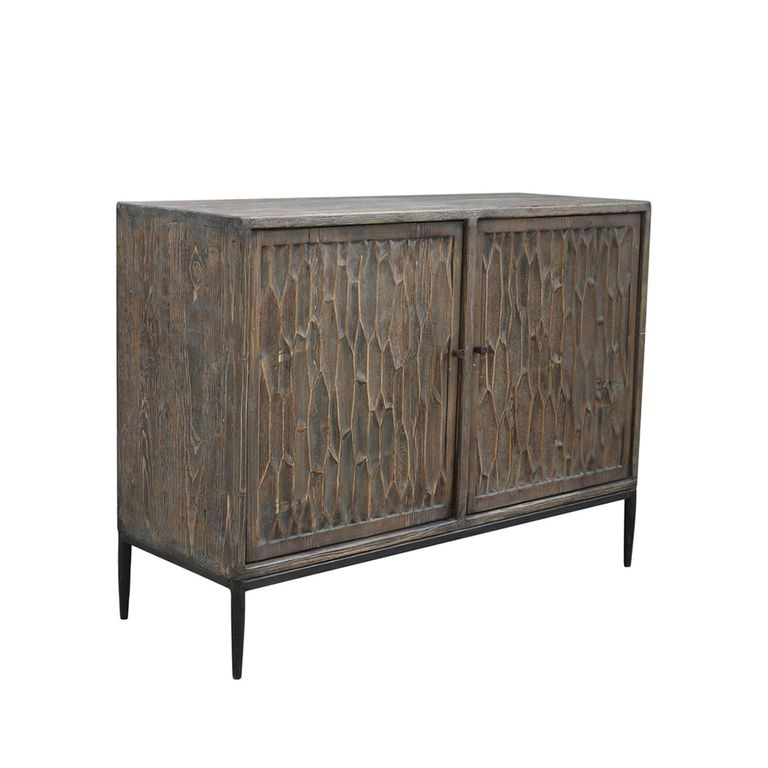 Tacca Carved Sideboard - 2 Door - Medium - Brown - Distressed Wood and Metal