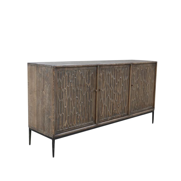 Tacca Carved Sideboard - 3 Door - Large - Brown - Distressed Wood and Metal